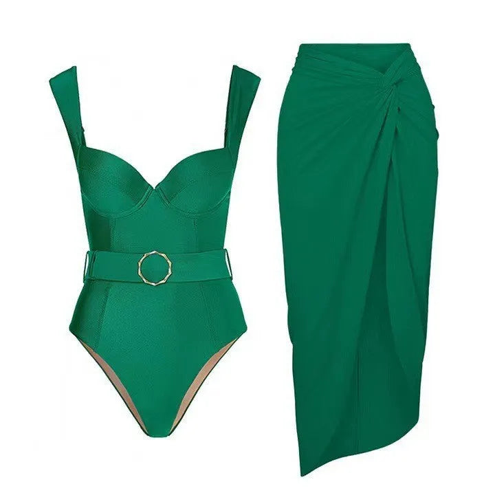 Women's one-piece swimsuit with gauze skirt in polyester, shown in double shoulder and oblique shoulder styles.