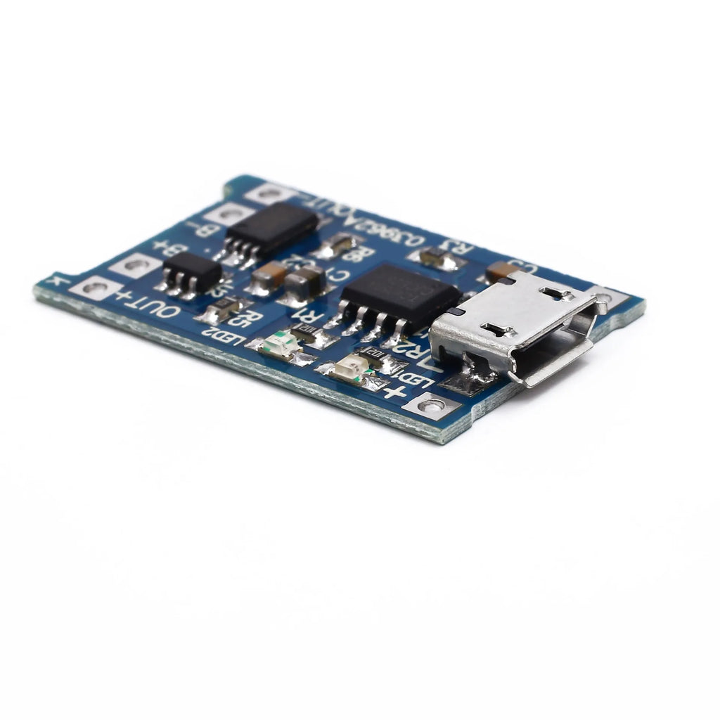 Small blue PCB for lithium battery charging and protection, showing component layout.