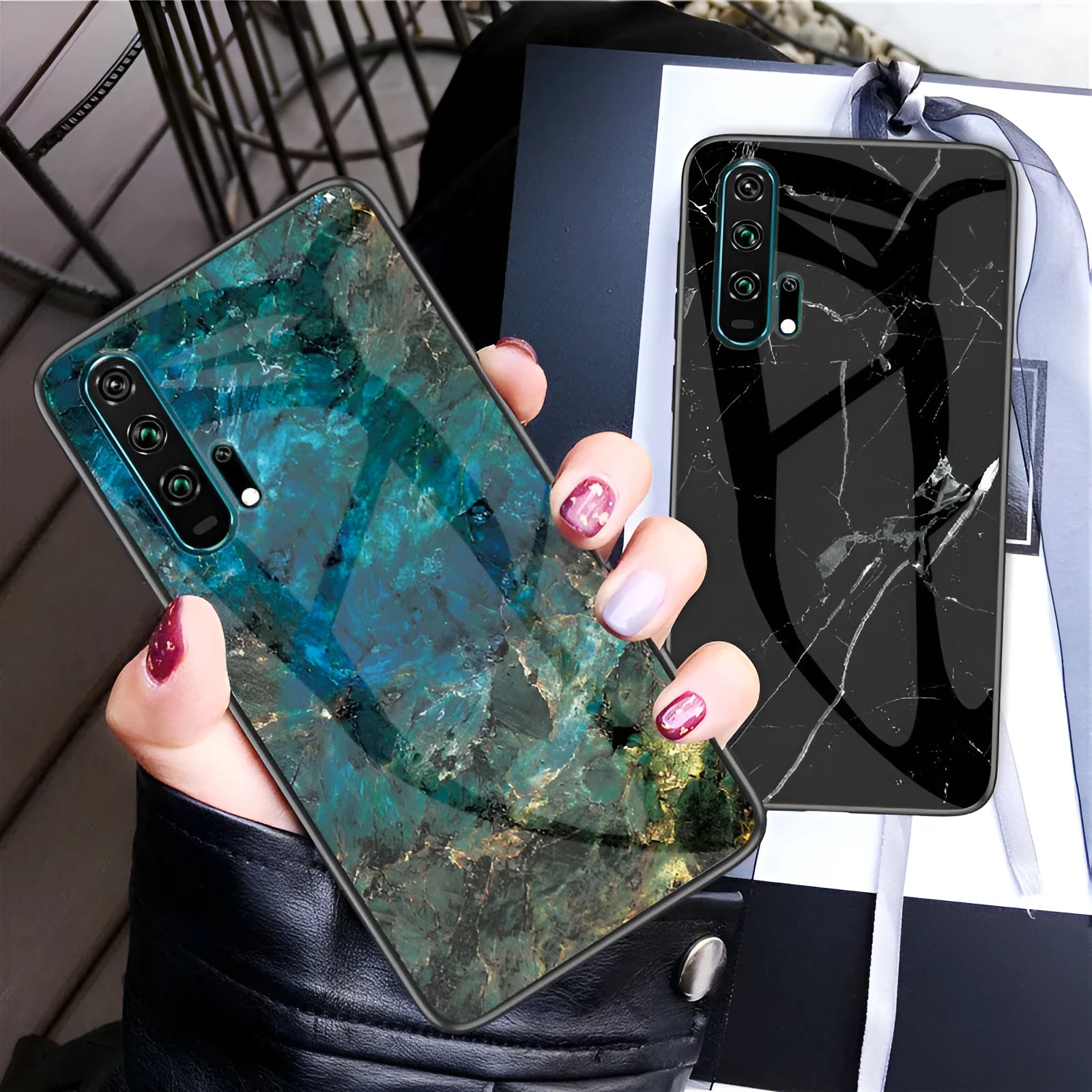 Honor 20 Pro in a black marble glass phone case with a silicone border.