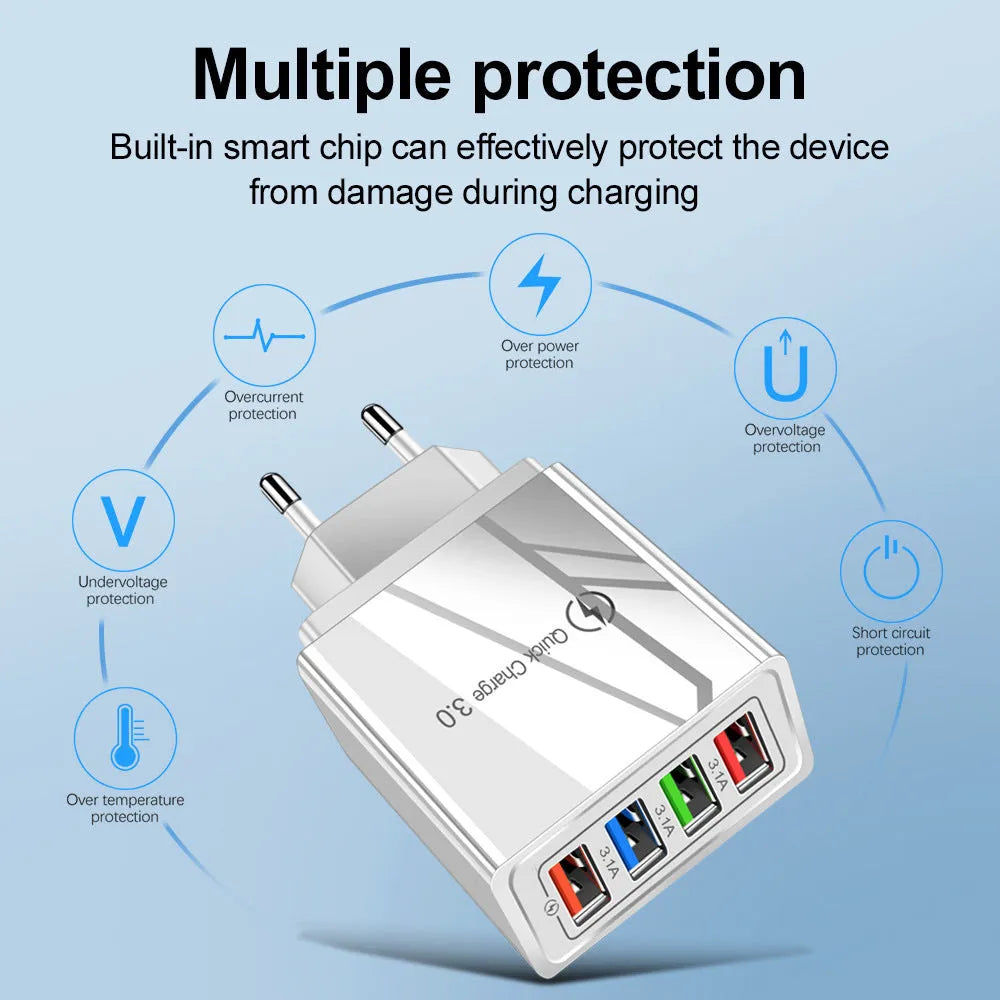 Black and white multi-port USB wall charger with luminous light indicator and UK three-pin plug