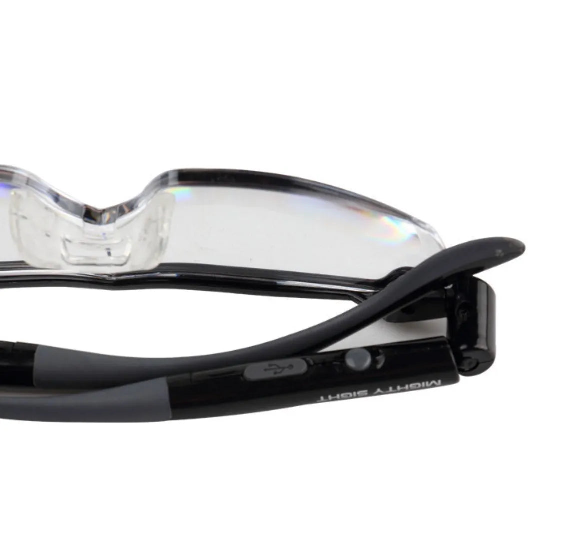 Transparent black USB LED reading glasses showing internal components with clear lenses