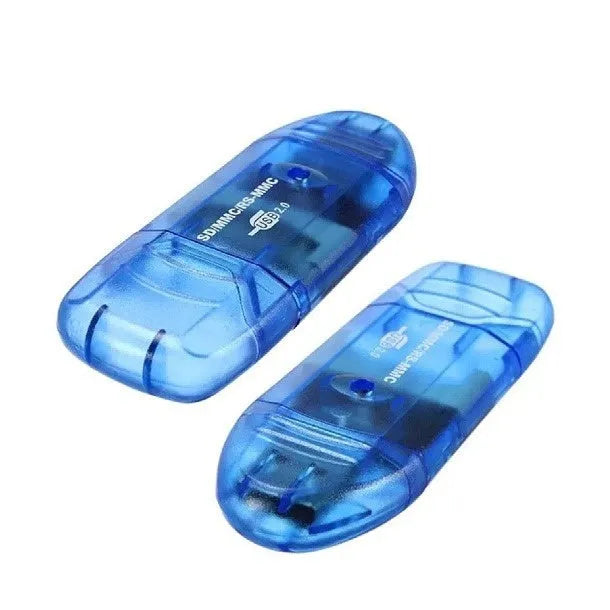 Transparent plastic USB card reader with LED light showing memory card slots
