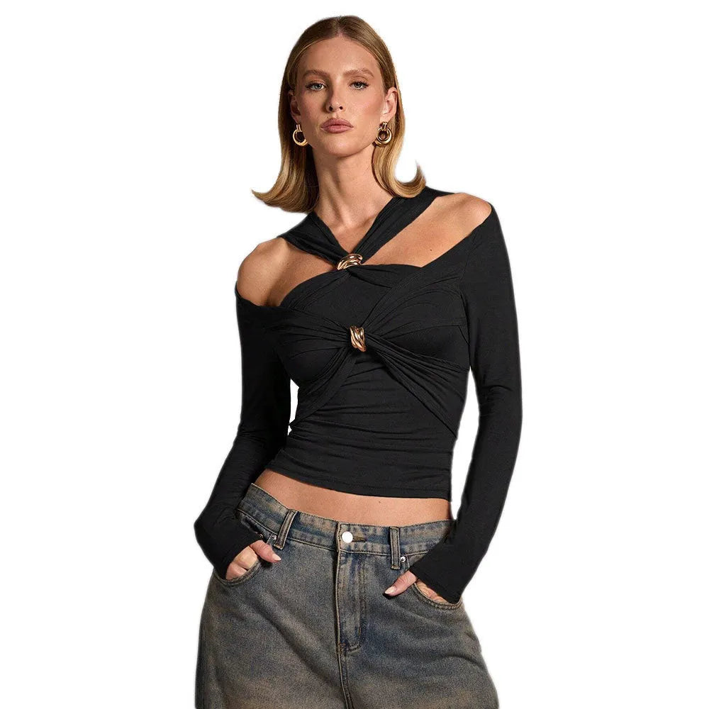 Black women's halter neck top with long sleeves in a slim fit.
