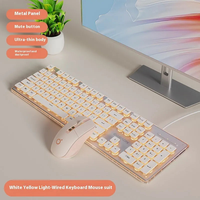Prewalker V3 mechanical feel keyboard and mouse set in retro green colour on a desk.
