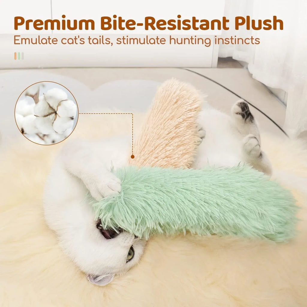 Blue, green, pink, and white cat plush toy pillows measuring 27cm by 10cm.