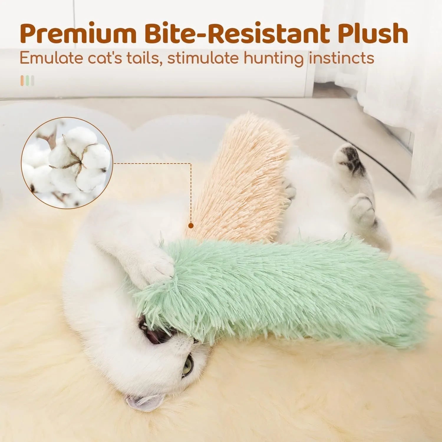 Blue, green, pink, and white cat plush toy pillows measuring 27cm by 10cm.
