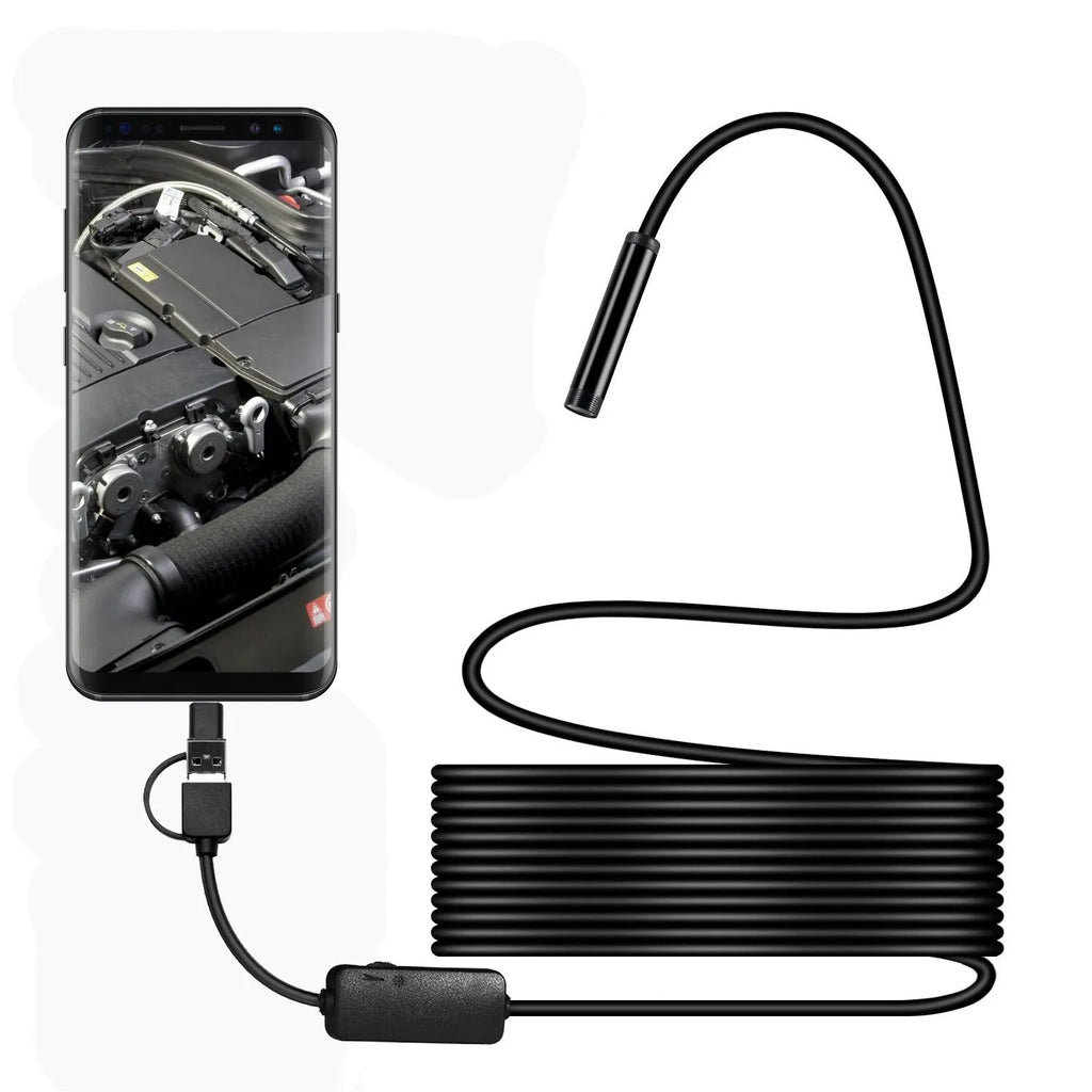 Black three-in-one Android phone endoscope with 5.5 mm probe and type-C Micro USB connectors