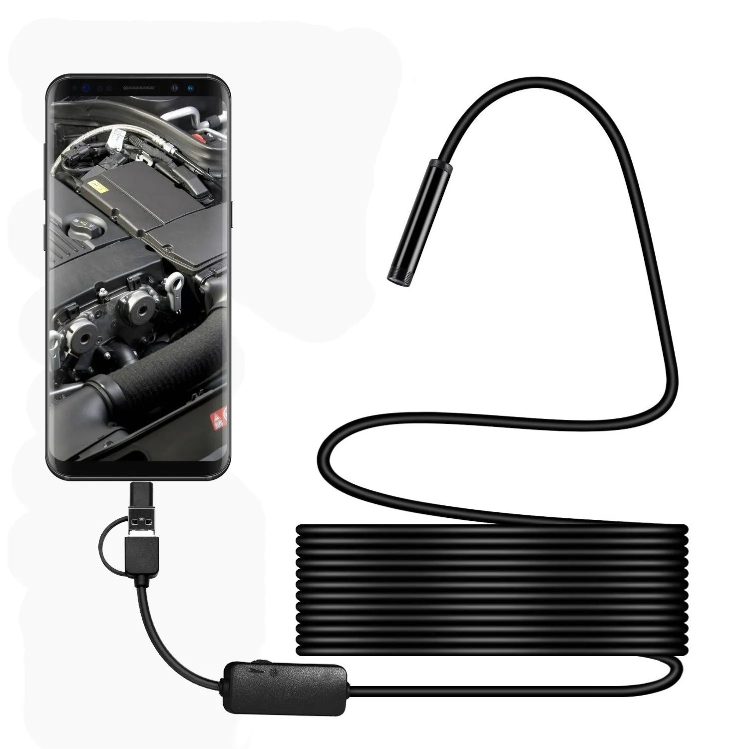 Black three-in-one Android phone endoscope with 5.5 mm probe and type-C Micro USB connectors