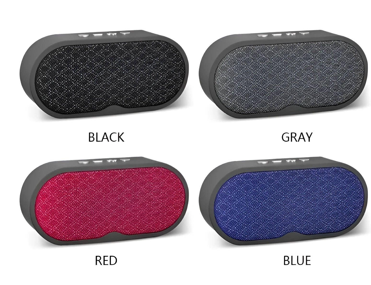 Grey portable Bluetooth speaker with subwoofer, HD microphone, TF card slot and USB port on a table.