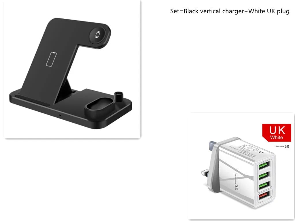 Black 4-in-1 wireless charger with magnetic phone stand charging an iPhone, Apple Watch, and AirPods.