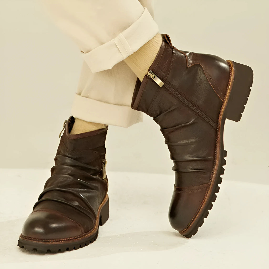 Men's brown embossed PU Martin boots with a side zip and round toe on a plain background.