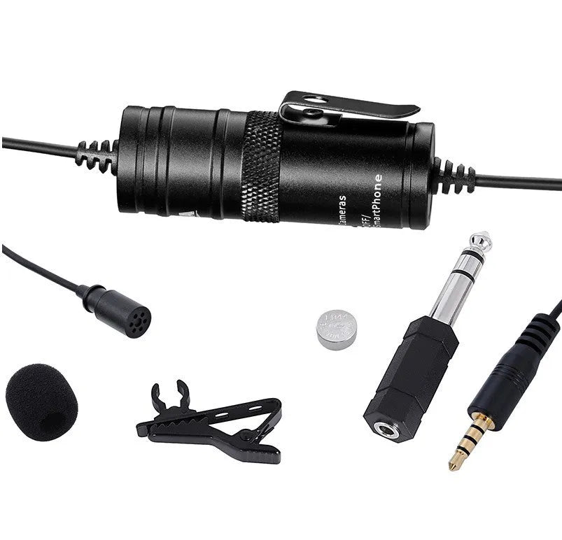 Black lavalier microphone professional camera with clip and 3.5mm plug