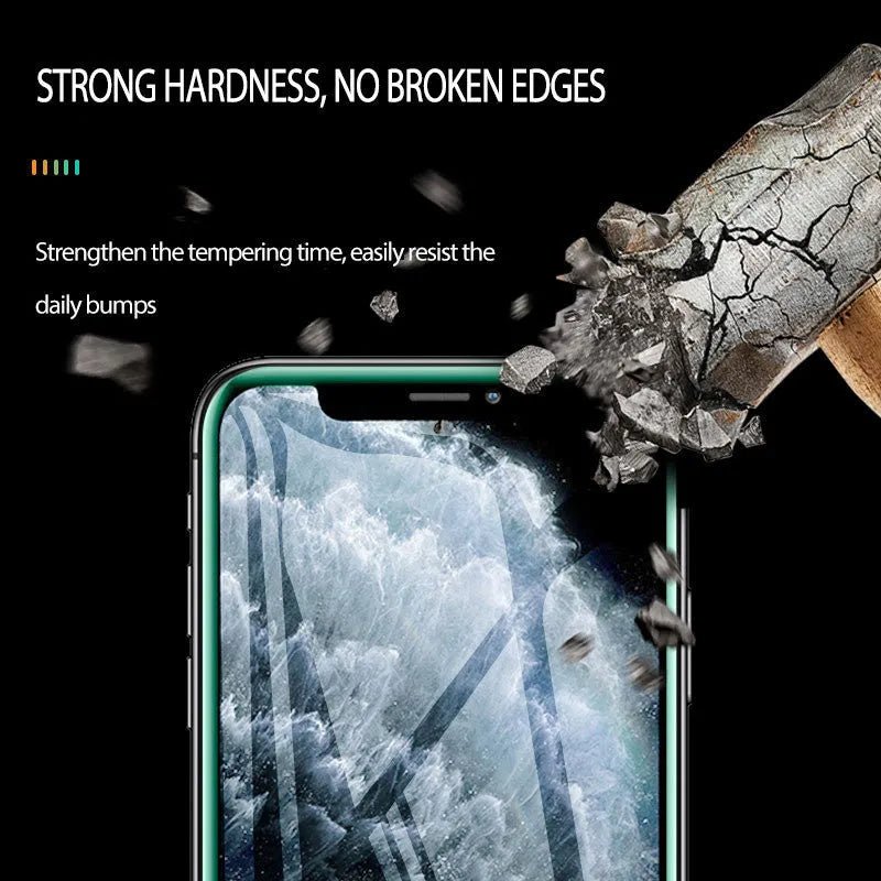 Luminous full cover tempered glass screen protector for iPhone glowing in dark on a phone.