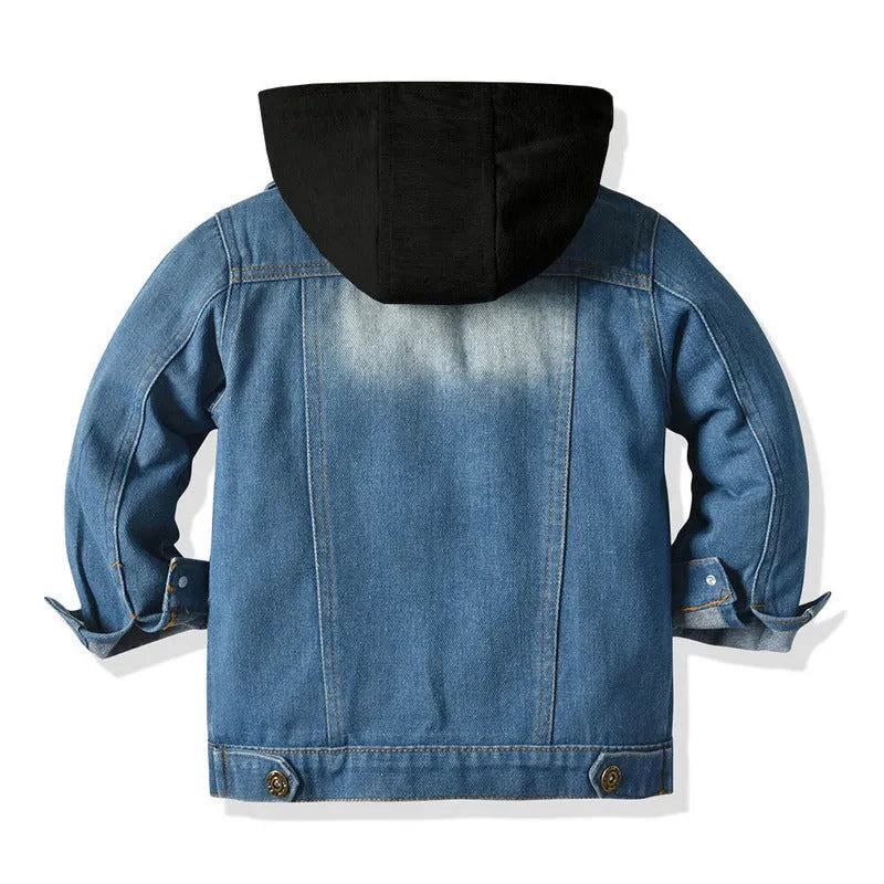 Grey children's hooded denim-style jacket with lapel collar loose fit