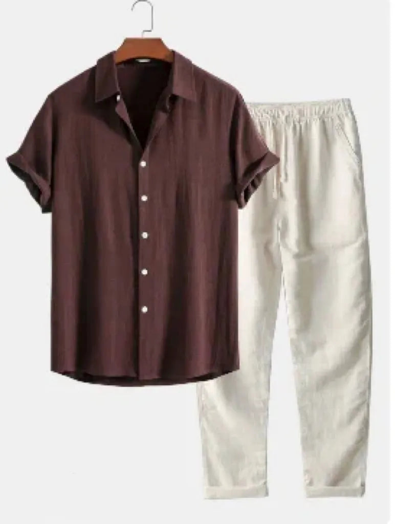 Men's casual loose multi-color beachwear cotton and linen short sleeve suit two-piece set in Beige