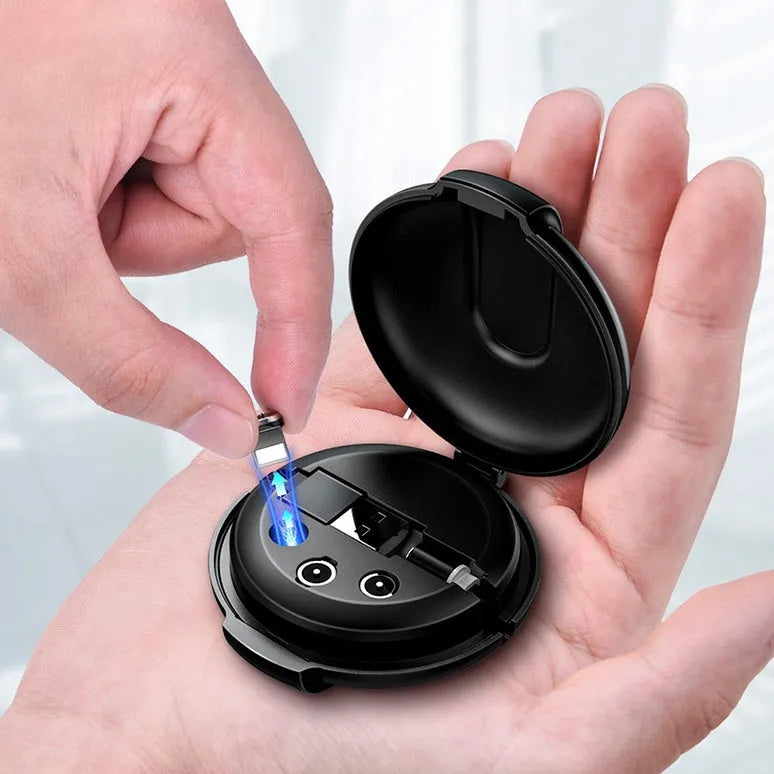 Black 3-in-1 magnetic retractable style charger with car mounting patch and three phone plugs