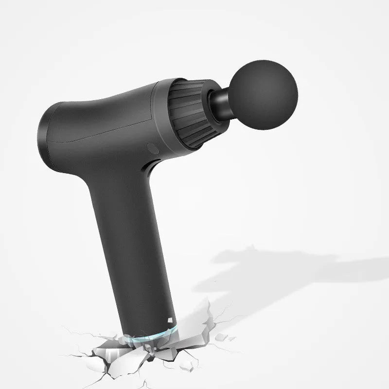 Black fascia gun physiotherapy instrument with 4 massage heads, 30 speed settings, compact 22cm design.