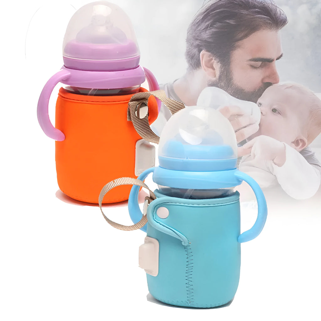 Orange and blue USB-powered baby bottle warmer sleeve with cotton fabric and PC materials