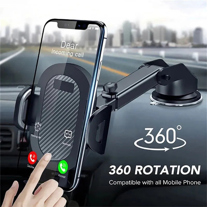 Black universal car phone holder for smartphones between 4 and 7 inches wide