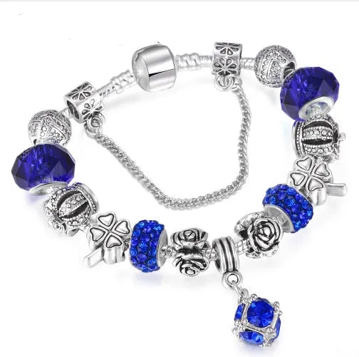 Multicolour beaded bracelet with alloy, glazed, and diamond beads on a white background