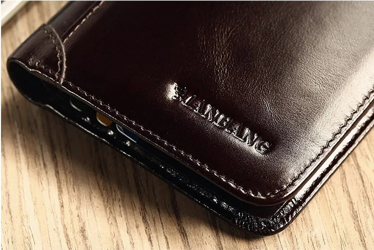 Men's black leather RFID blocking wallet open to show card slots, ID window, and coin pocket.