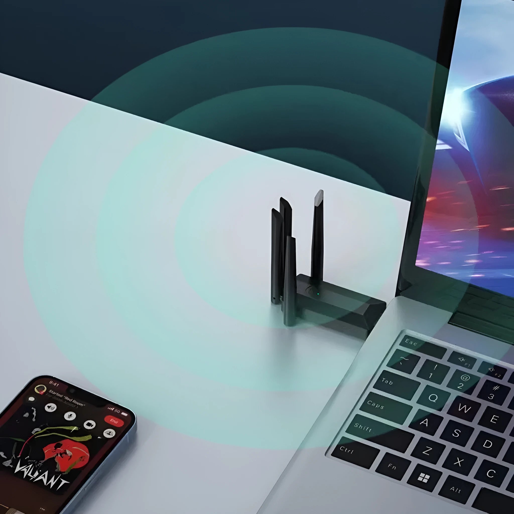 Black USB network transmitter with four adjustable antennas for computer wireless signal enhancement