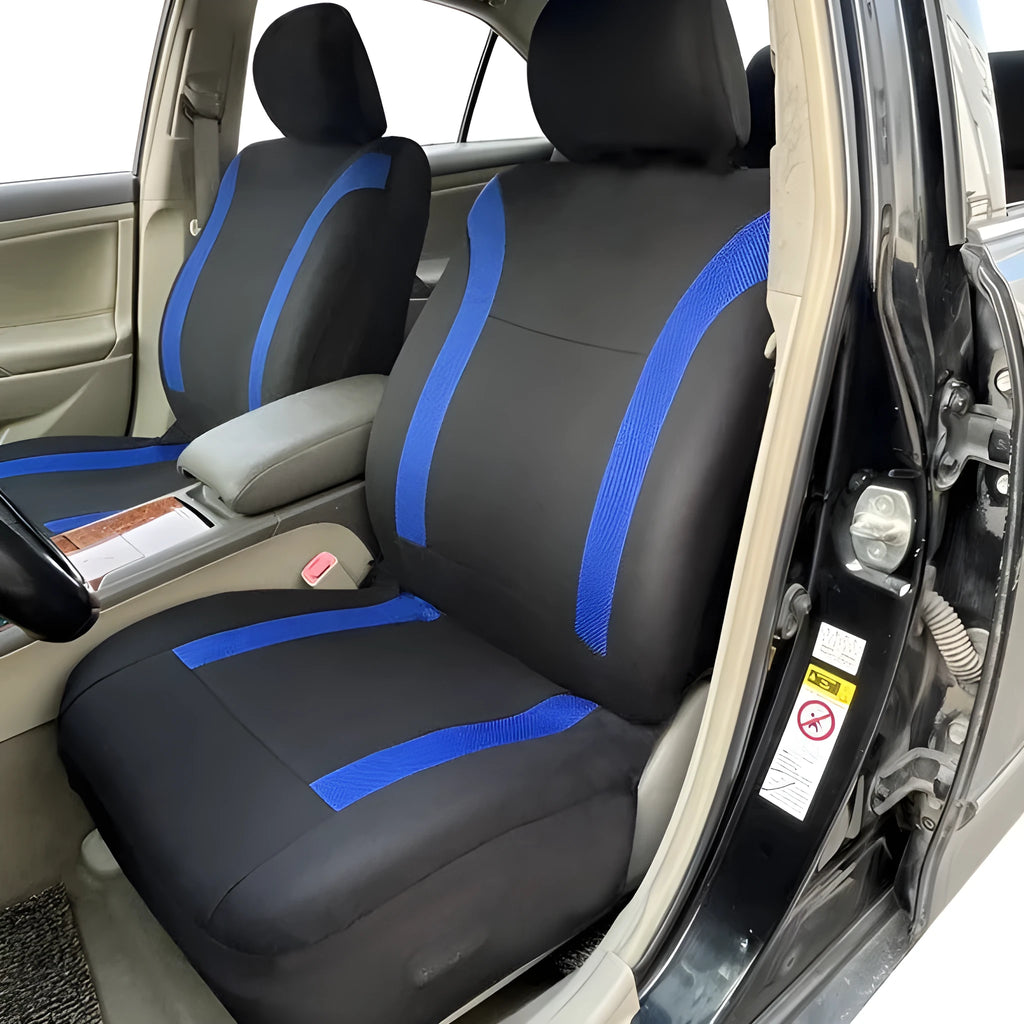 Universal polyester car seat cover set with eyelet stitching in black, blue, grey, or red colour options.