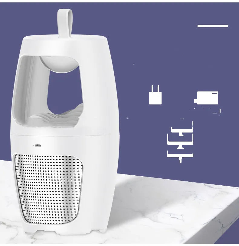 Black or white USB-powered indoor mosquito killer lamp with dimensions 115mm by 115mm by 227mm.