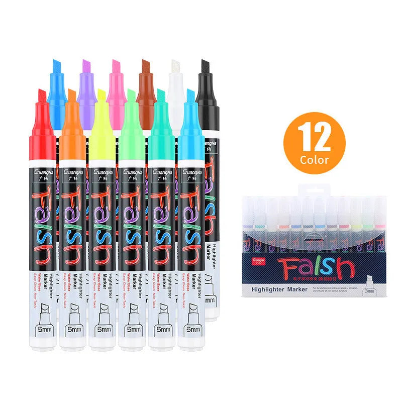 8-colour and 12-colour electronic fluorescent board highlighter pen with 6mm oblique tip on a card.