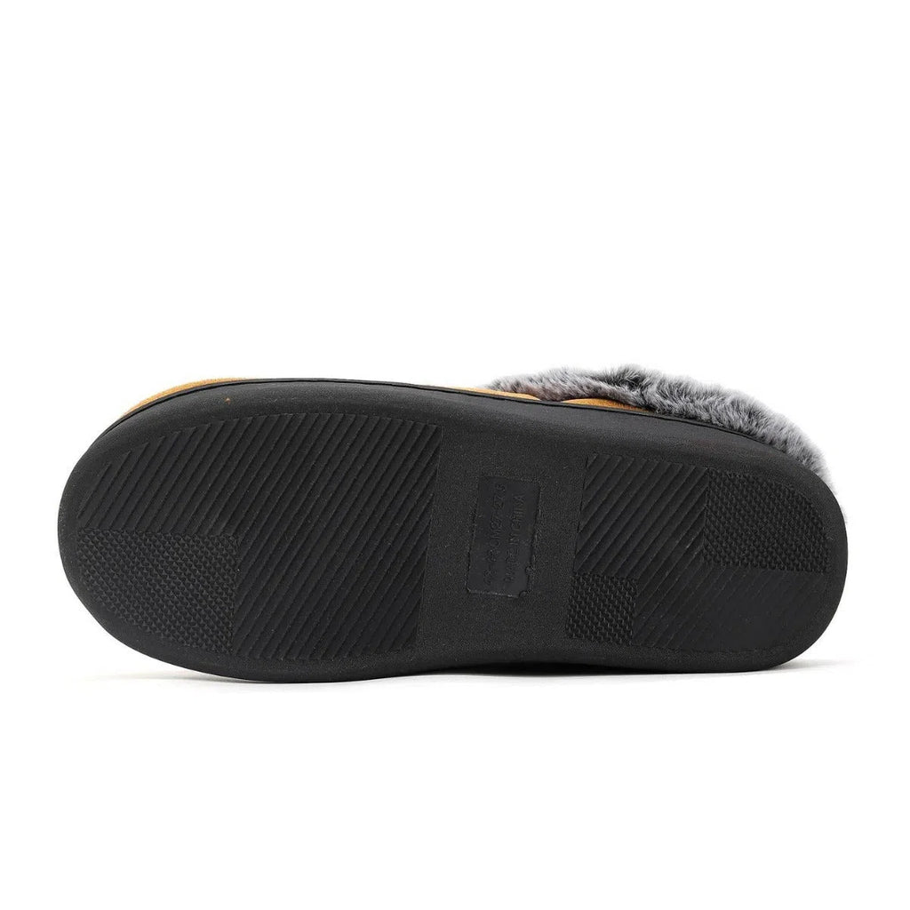 Fleece-lined thickened cotton slippers with plaid pattern and non-slip TPR sole in khaki colour