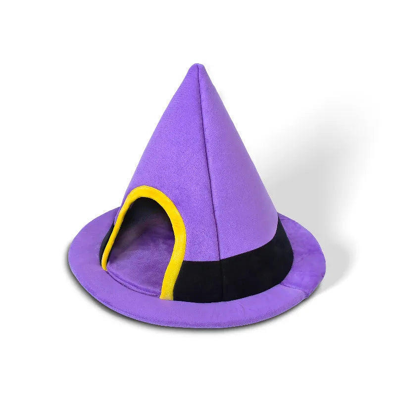 Purple witch hat shaped cloth cat nest bed for feline pets.