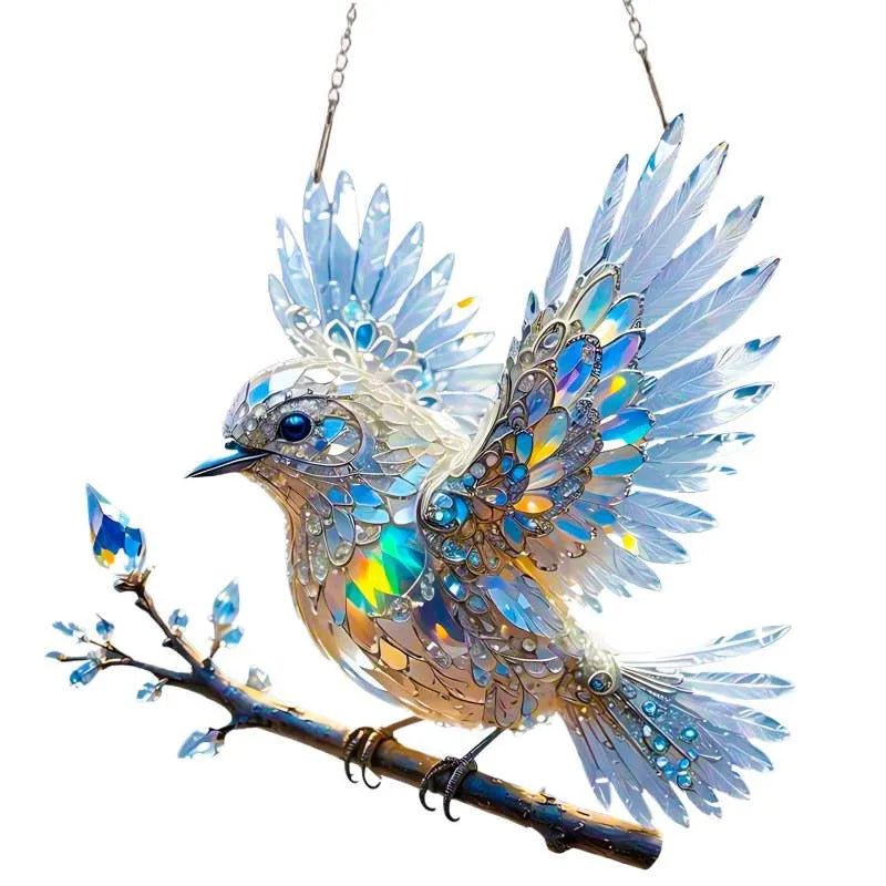 Cartoon-style bird printed on a square acrylic pendant decoration with cardboard backing.