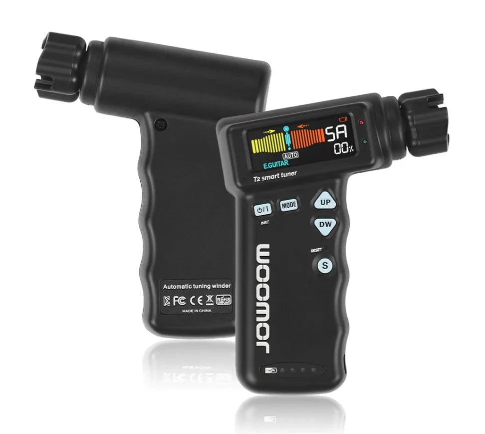 Black and white smart guitar tuner with colour LCD display and string winder function