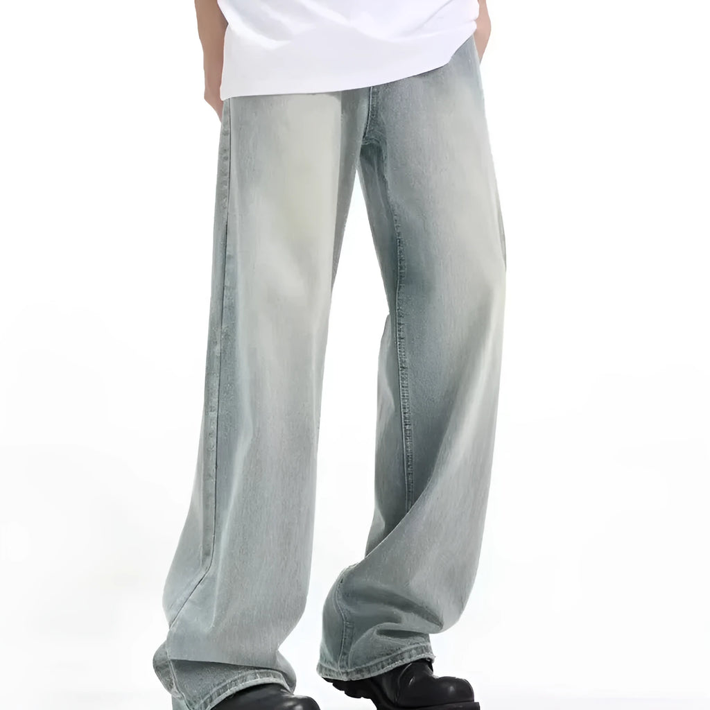 Blue loose-fit retro men's trousers with an elastic waistband, made from rabbit fur fabric.