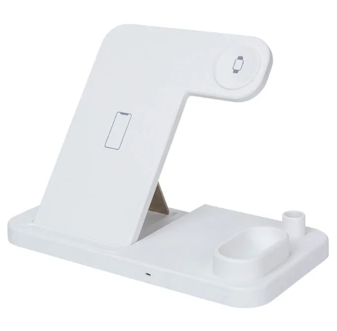 Black 4-in-1 wireless charger with magnetic phone stand charging an iPhone, Apple Watch, and AirPods.