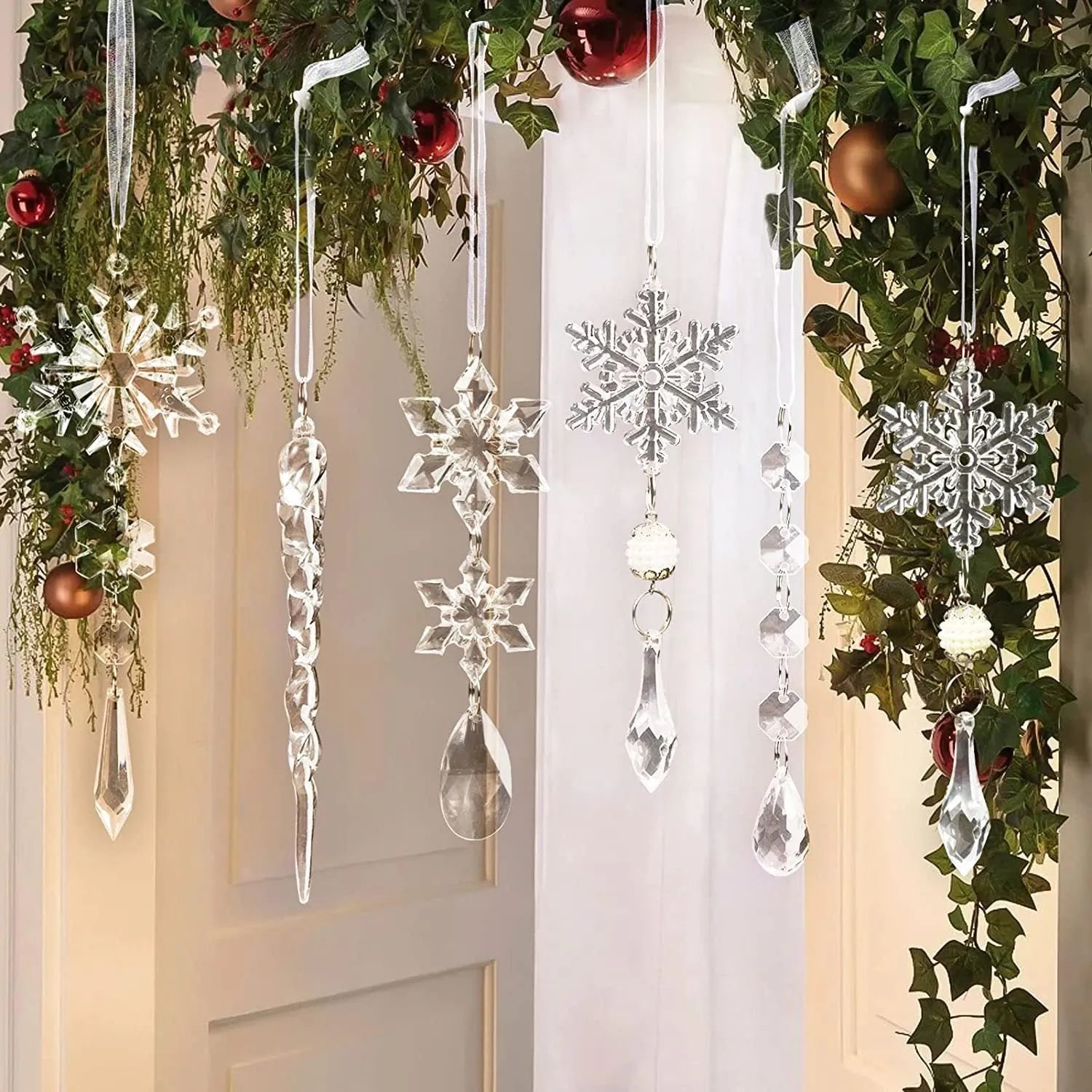 Ten transparent acrylic ice cone Christmas ornaments with ribbon for hanging on trees and indoor outdoor holiday decor