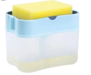 A grey plastic soap dispenser bottle for liquid hand wash on a kitchen counter.