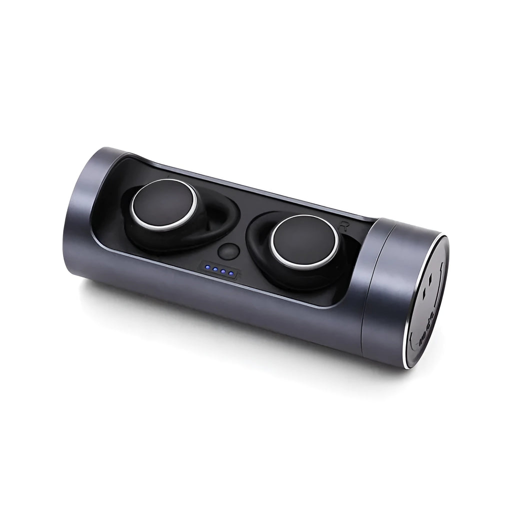 A Bluetooth wireless headset shown in Dark Grey, Red, and Silver colour options on its charging bay