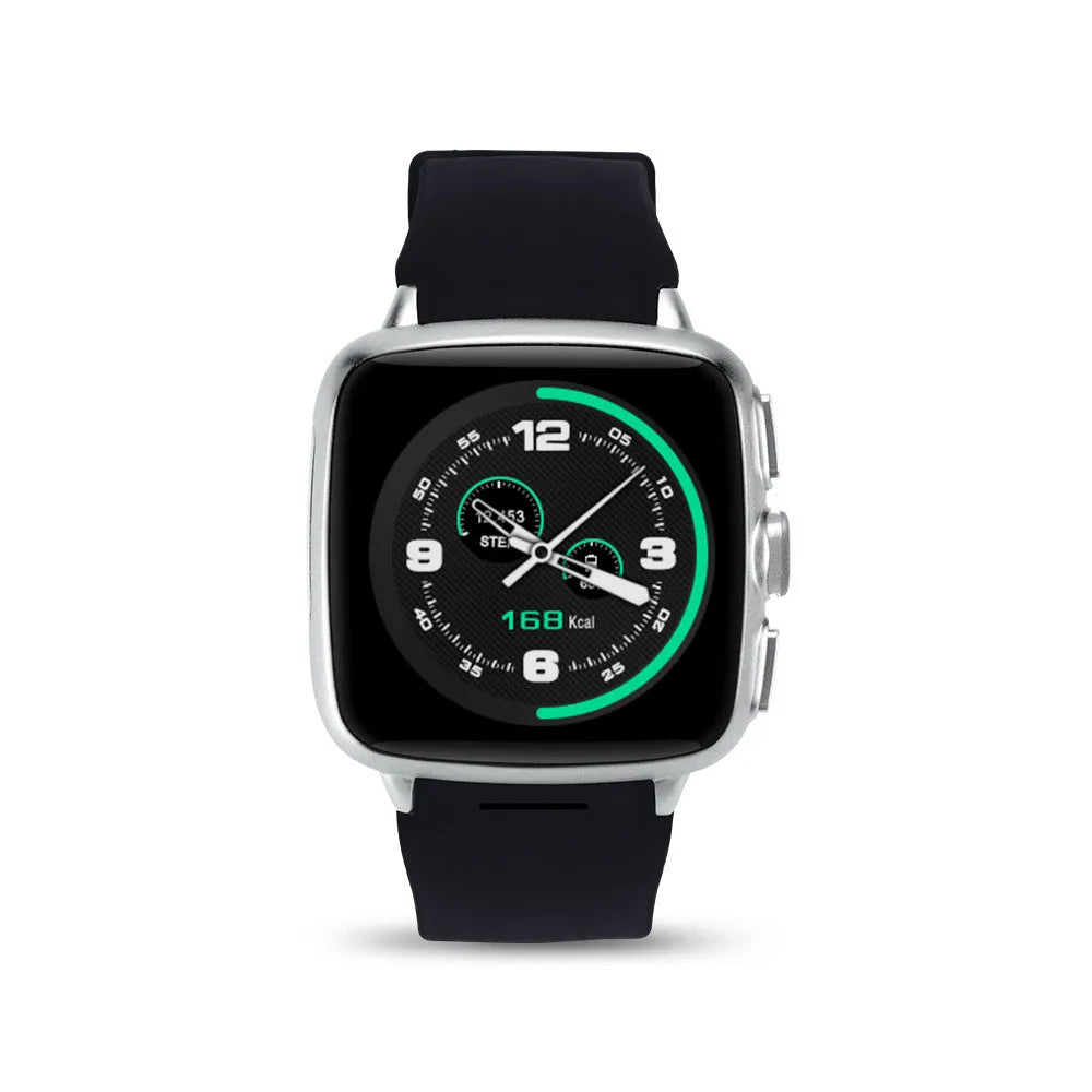 Black or white Z01 smart watch with a 1.54 inch screen showing its interface.