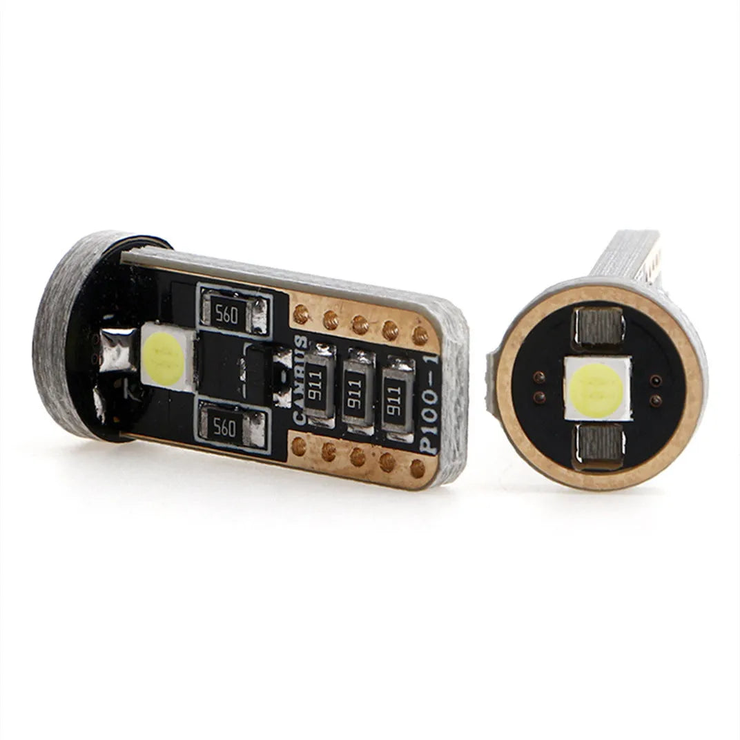 T10 W5W LED car light with blackboard white finish showing compact 23mm by 9mm dimensions
