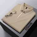 Men's solid colour short sleeve polo shirt with a zip front, shown in beige apricot.