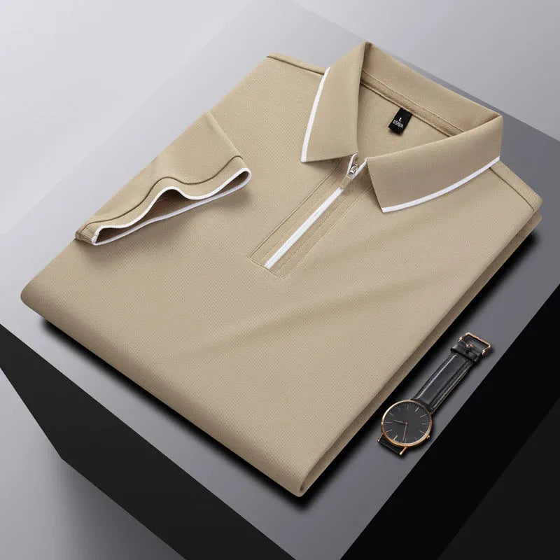 Men's solid colour short sleeve polo shirt with a zip front, shown in beige apricot.