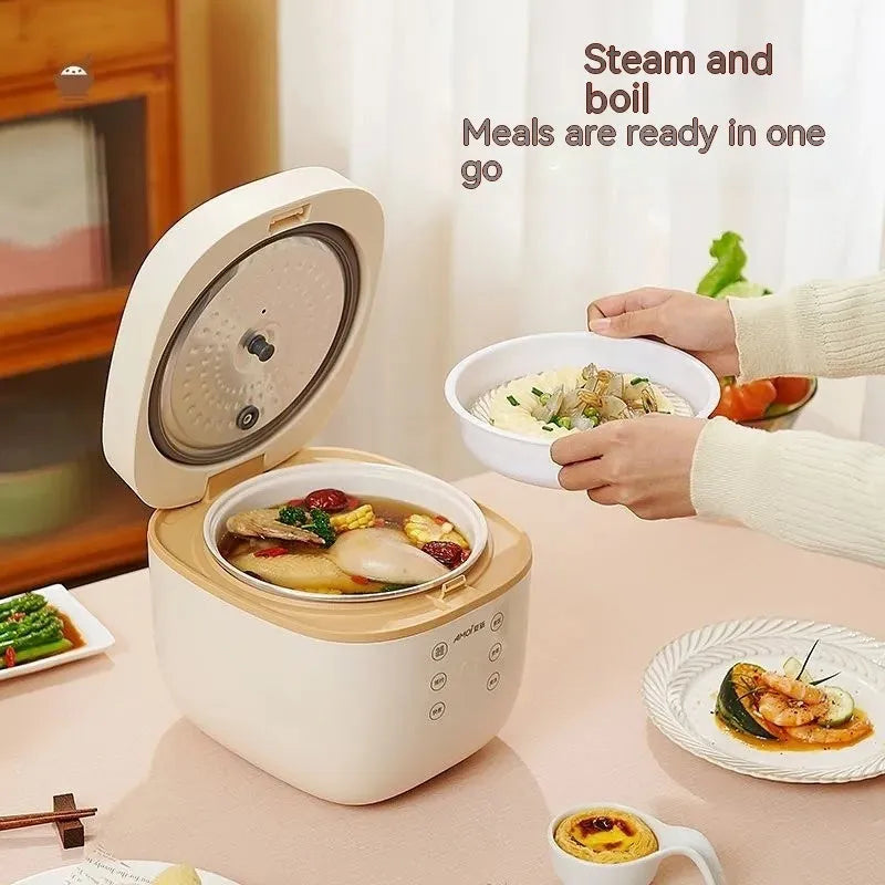 White or beige 3L multi-function rice cooker with black inner pot and included accessories