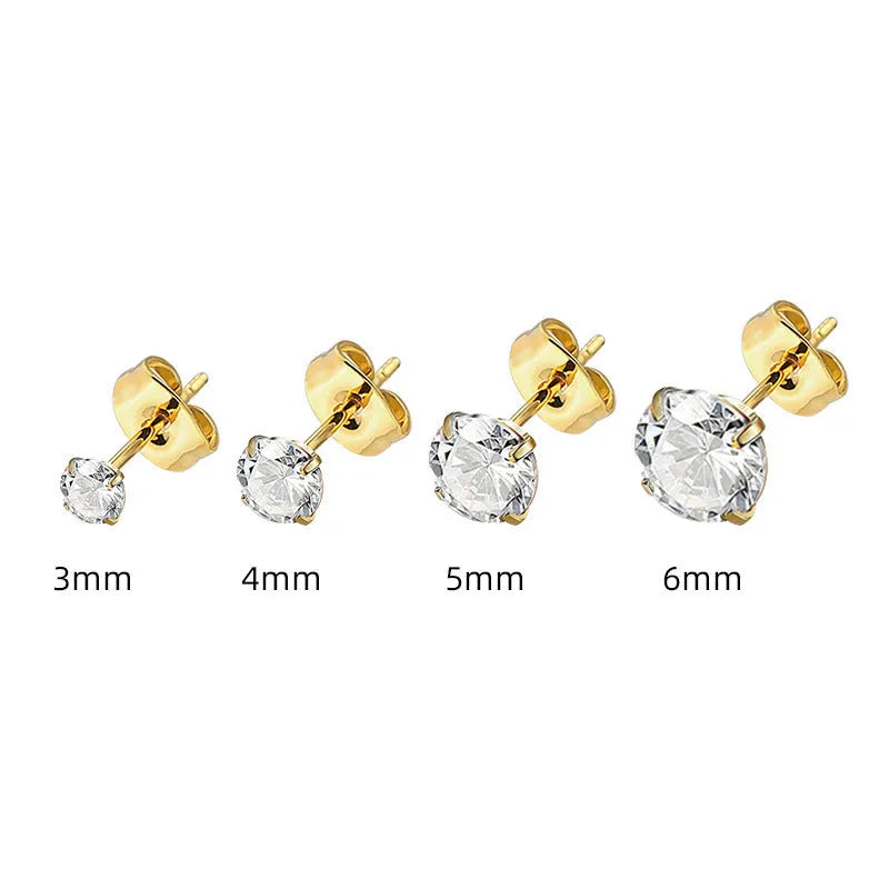 Titanium steel square geometric zircon stud earrings in gold and steel colour options with size range from 2mm to 8mm