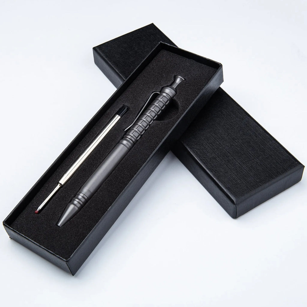 Gunmetal grey titanium tactical pen with push-action mechanism and 0.5mm nib