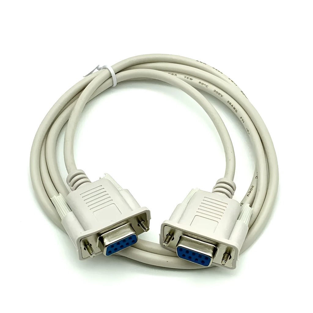 Milky white DB9 female to female RS232 serial cable with 1.5m length for null modem connections.