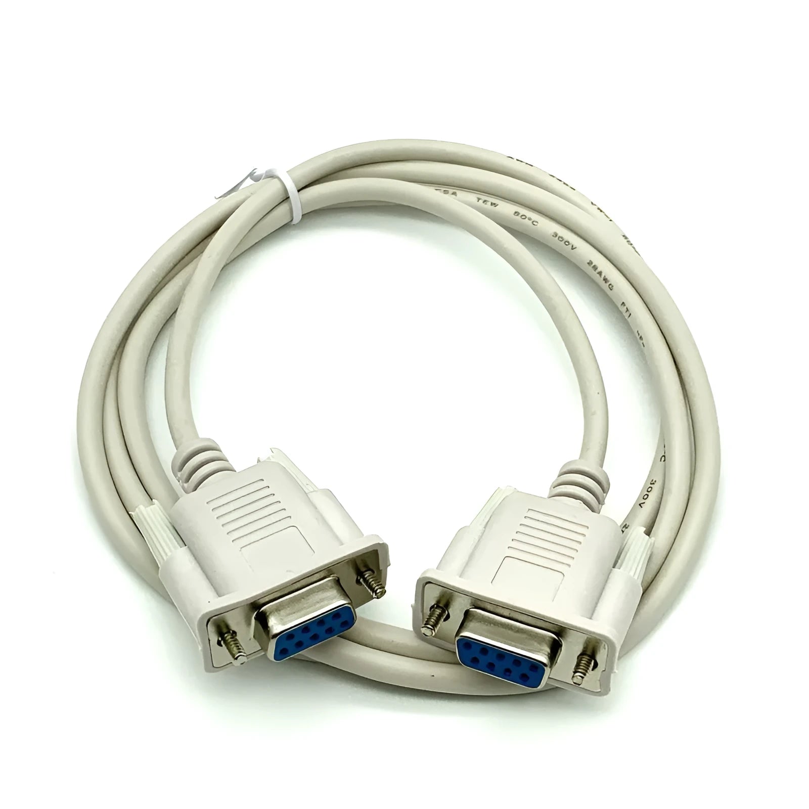 Milky white DB9 female to female RS232 serial cable with 1.5m length for null modem connections.