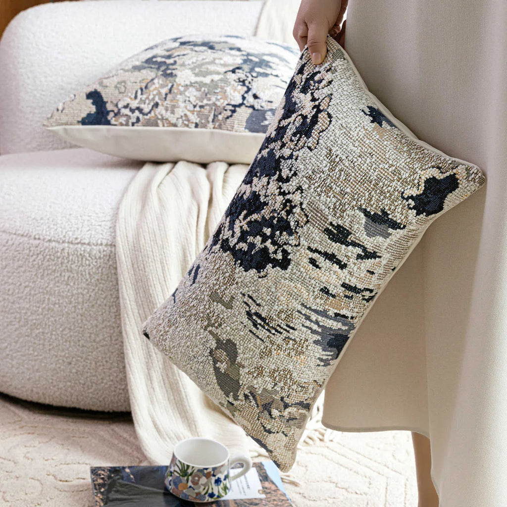 Chinese style decorative pillow cover with blue antique French floral pattern on wool blend fabric.