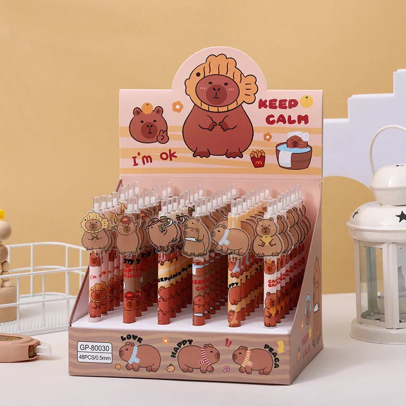 Box of 48 cartoon bear design plastic gel pens with carbon black ink.