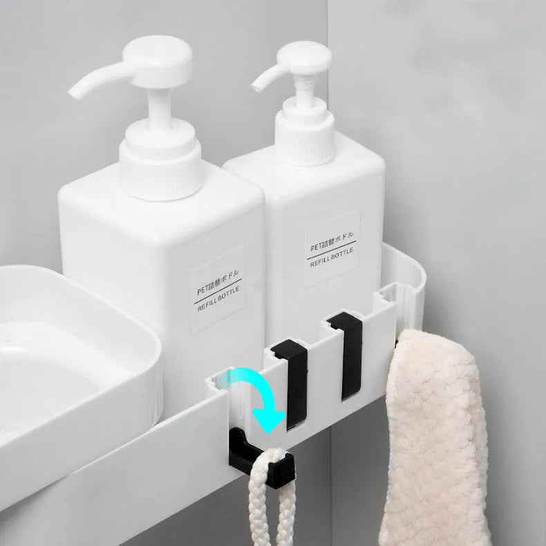 Plastic bathroom corner shelf wall-mounted in black and white design for toiletries storage